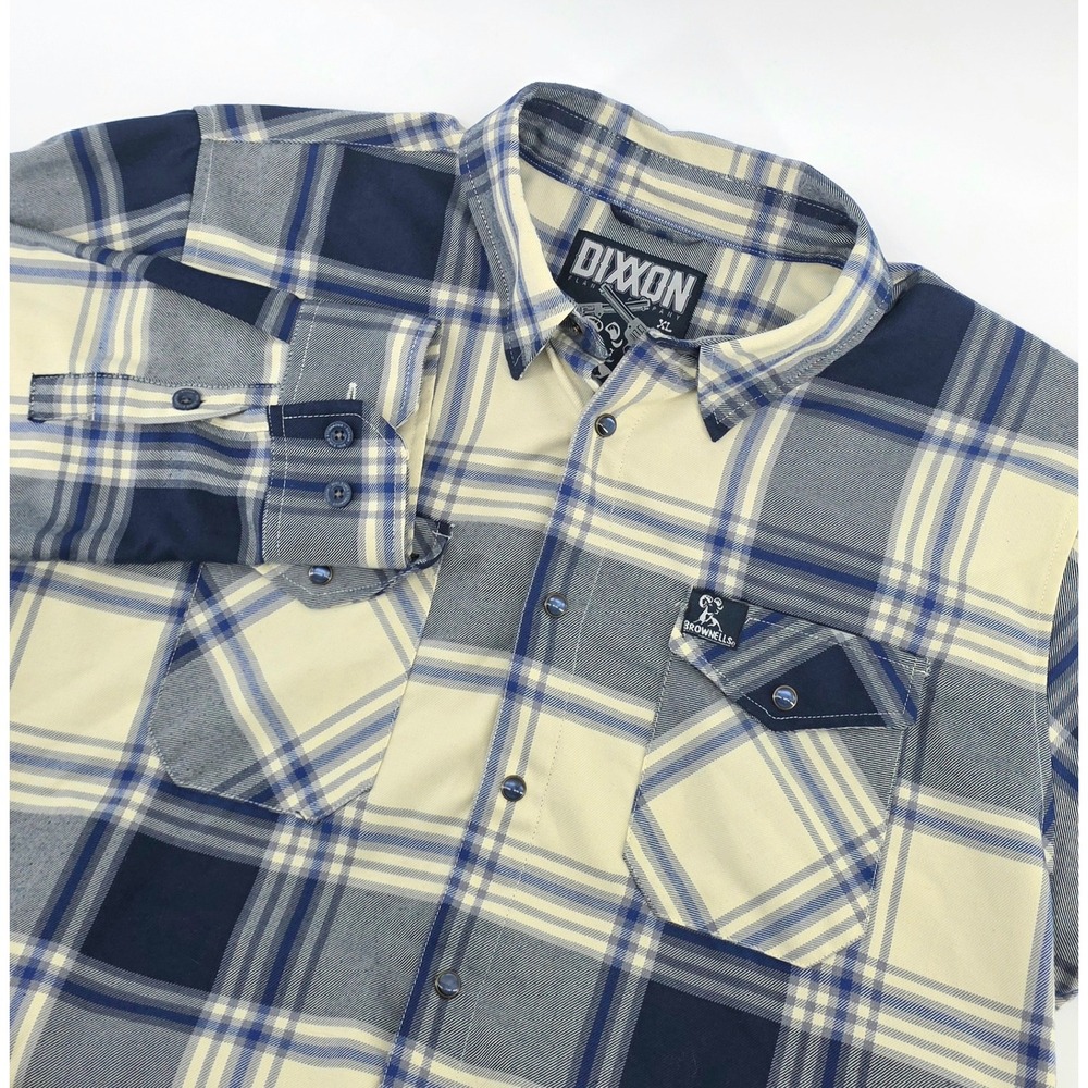 Dixxon Brownells Six Gun Plaid Flannel Shirt Mens Size XL Blue Cream Workwear